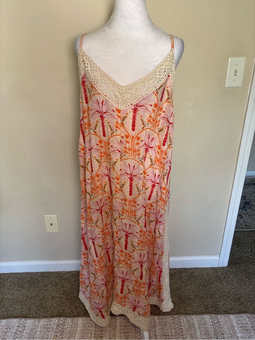 Haute Hippie Style Women’s Bohemian Pink/Orange Palm Print Maxi Slip Dress